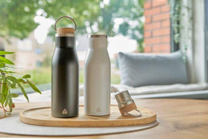 Drinkfles Aline | 500 ml | Gerecycled RVS | Dubbelwandig | Bamboe detail