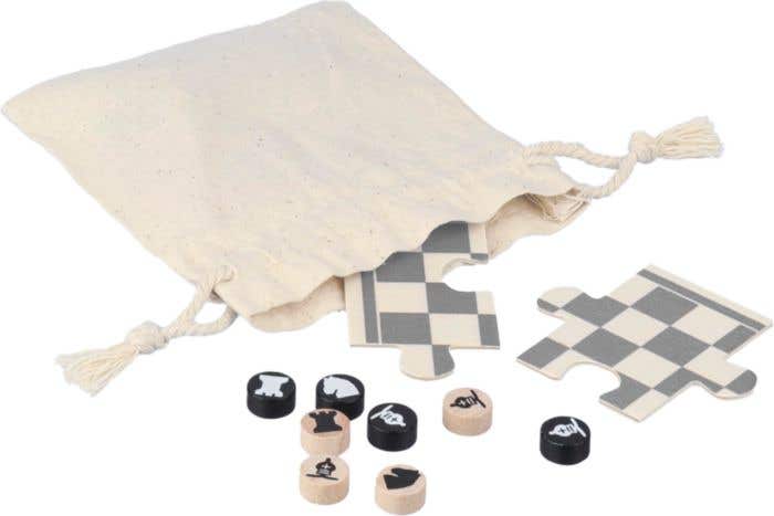 Schaak- en damspel Hank | Hout | Puzzelvorm | In katoenen zakje