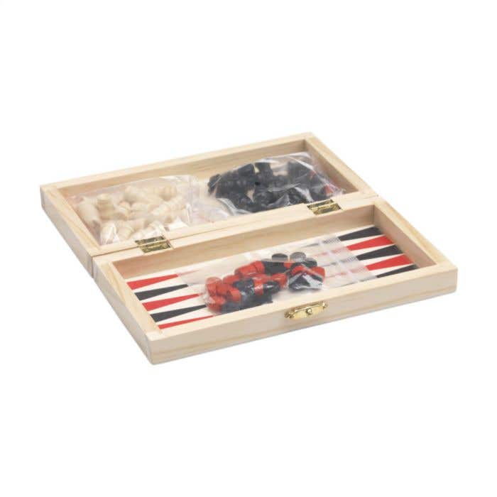 Spellenkist 3-in-1 | FSC® Dennenhout | Schaken, dammen en backgammon