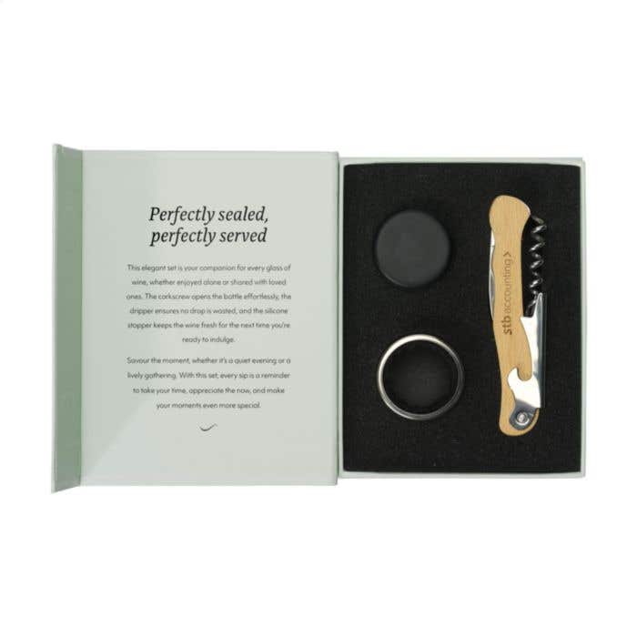 Wijnset Wooosh | FSC® Hout | Kelnermes, druppelvanger en stopper