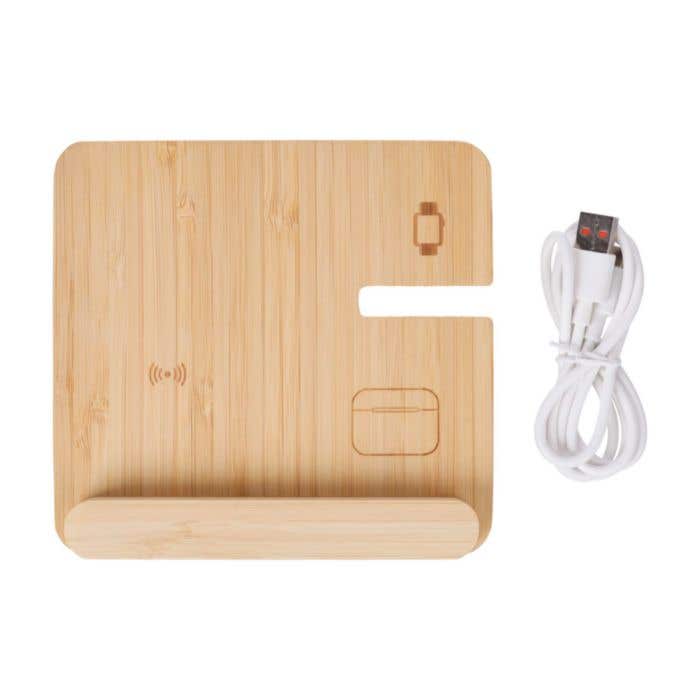 Draadloze oplader Tribu | FSC® bamboe | 3-in-1 | Met telefoonhouder