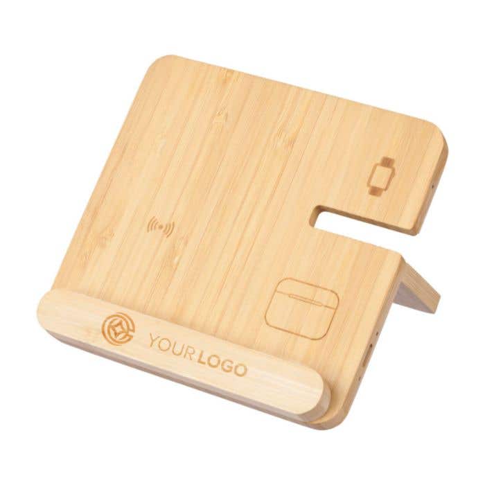 Draadloze oplader Tribu | bamboe | 3-in-1 | Met telefoonhouder