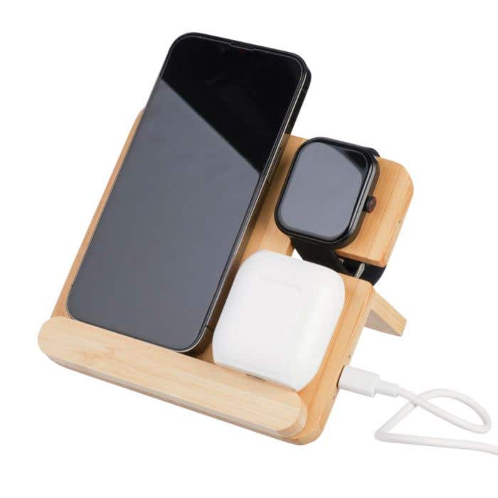 Draadloze oplader Tribu | FSC® bamboe | 3-in-1 | Met telefoonhouder