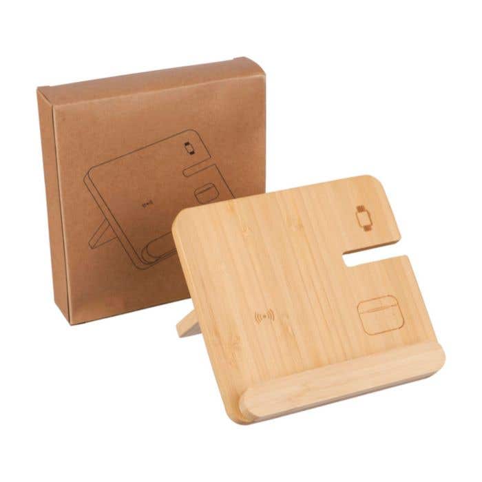 Draadloze oplader Tribu | FSC® bamboe | 3-in-1 | Met telefoonhouder