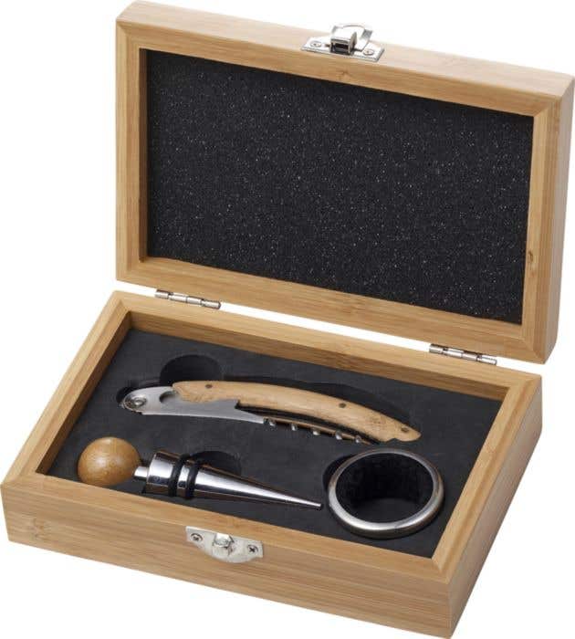 Wijnset Leonie | Bamboe | RVS | 3-delig | In houten geschenkdoos